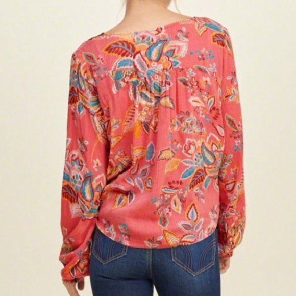 🆕 Hollister coral pink floral boho tunic tie top - Picture 3 of 3
